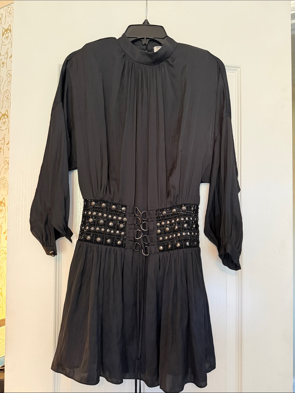 Ramy Brook Black Studded Corset-Waist Mini Dress